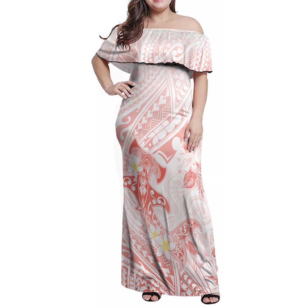 Polynesia Hammerhead Shark Family Matching Off Shoulder Maxi Dress and Hawaiian Shirt Tropical Flowers Tribal Pattern Peach
