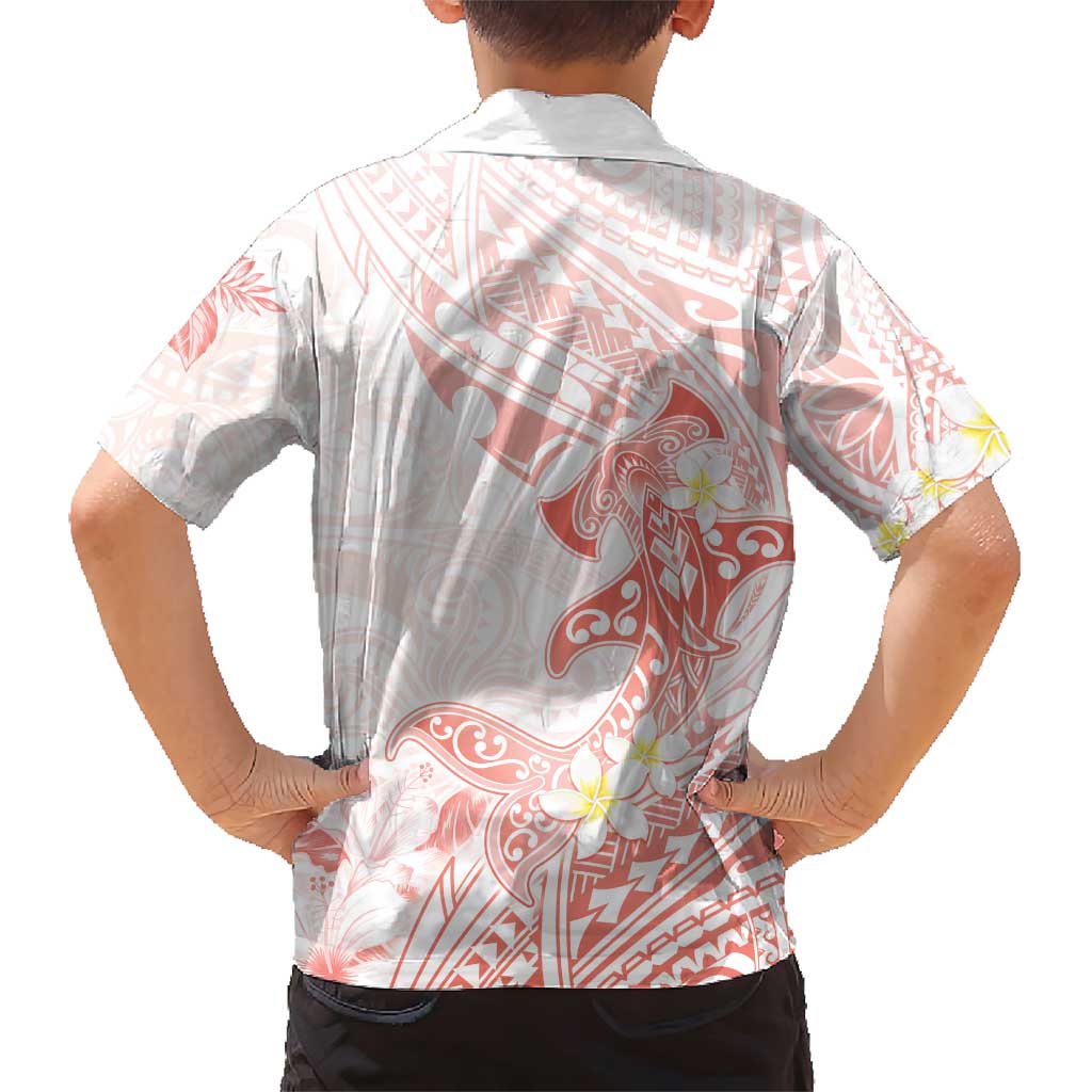 Polynesia Hammerhead Shark Family Matching Short Sleeve Bodycon Dress and Hawaiian Shirt Tropical Flowers Tribal Pattern Peach