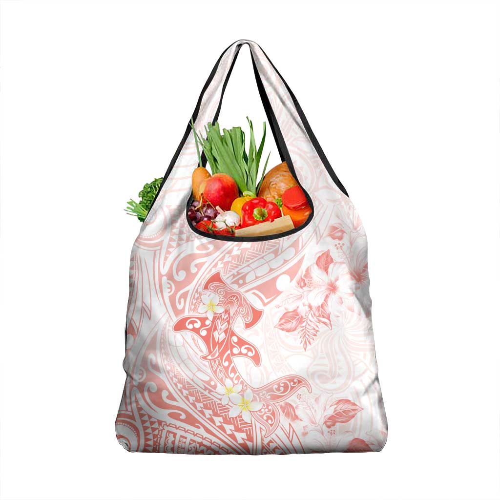 Polynesia Hammerhead Shark Grocery Bag Tropical Flowers Tribal Pattern Peach