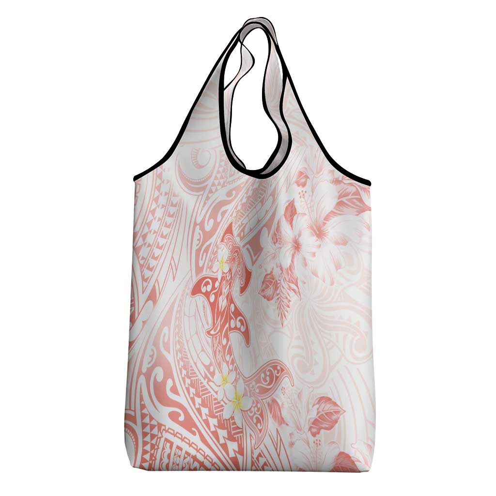 Polynesia Hammerhead Shark Grocery Bag Tropical Flowers Tribal Pattern Peach