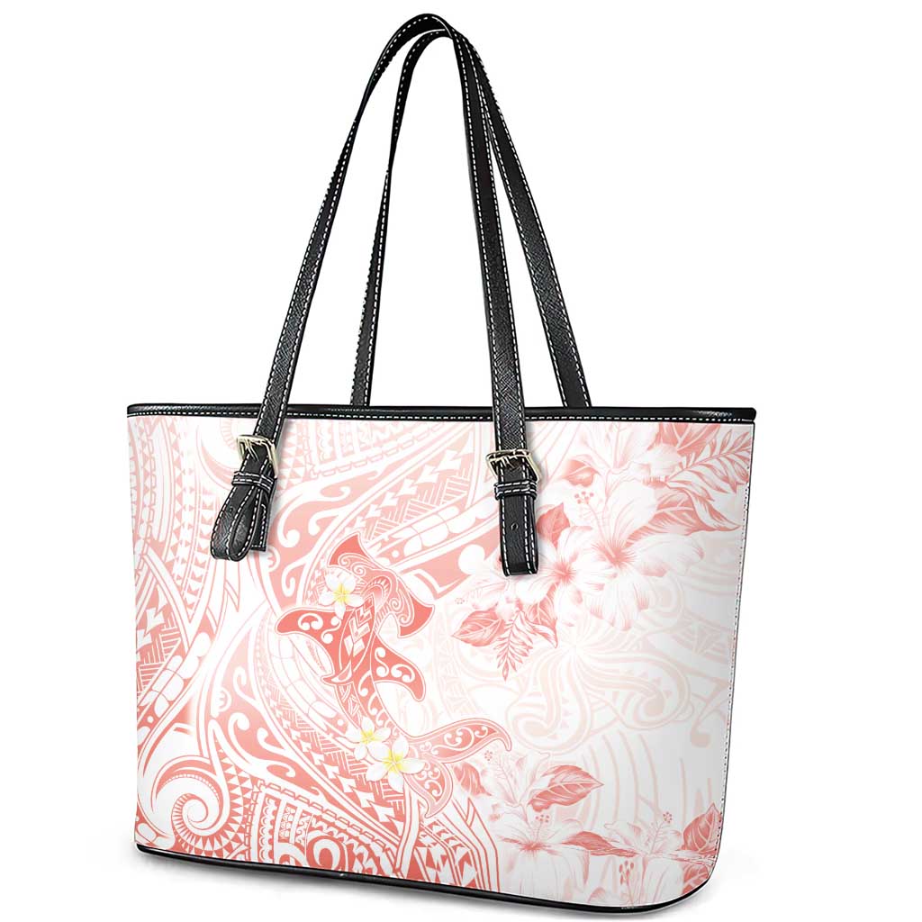Polynesia Hammerhead Shark Leather Tote Bag Tropical Flowers Tribal Pattern Peach
