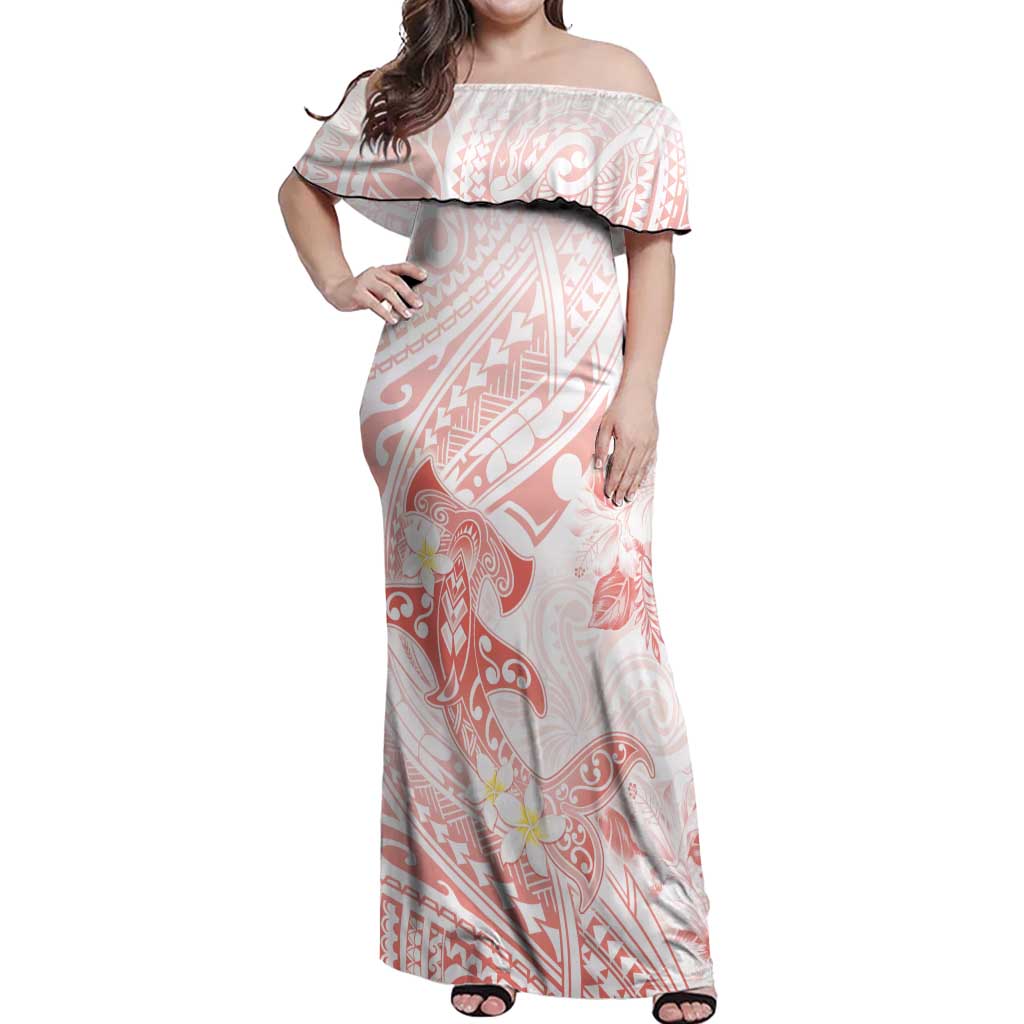 Polynesia Hammerhead Shark Off Shoulder Maxi Dress Tropical Flowers Tribal Pattern Peach