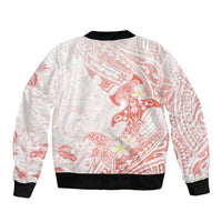 Polynesia Hammerhead Shark Sleeve Zip Bomber Jacket Tropical Flowers Tribal Pattern Peach