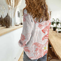 Polynesia Hammerhead Shark Women Casual Shirt Tropical Flowers Tribal Pattern Peach