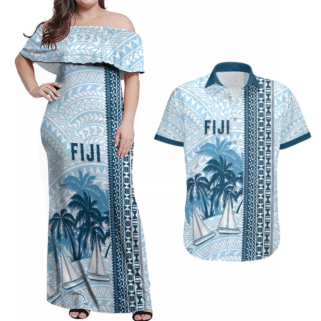 Custom Fiji Regatta Couples Matching Off Shoulder Maxi Dress and Hawaiian Shirt Palm Tree Tapa Pattern - Polynesian Pride