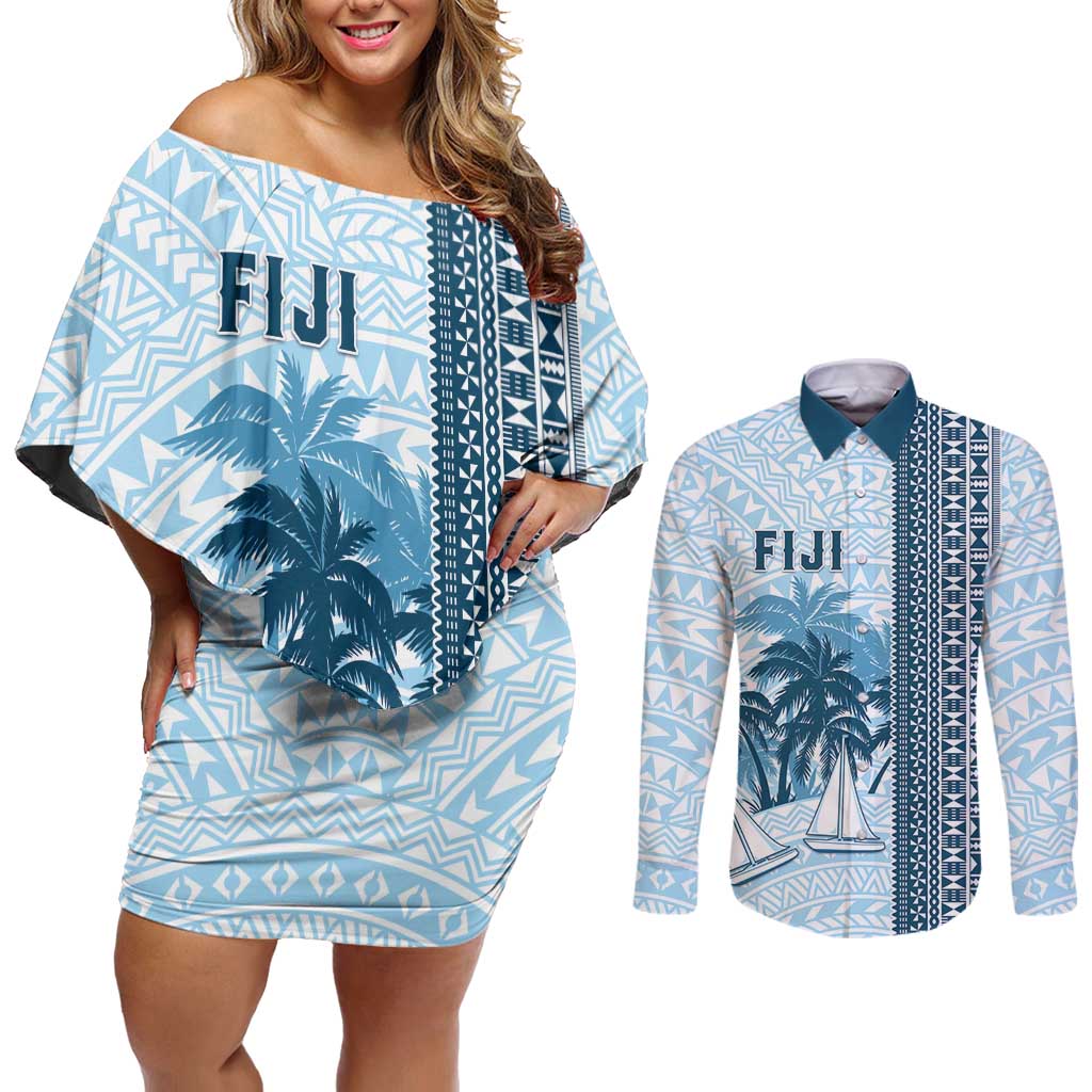 Custom Fiji Regatta Couples Matching Off Shoulder Short Dress and Long Sleeve Button Shirt Palm Tree Tapa Pattern - Polynesian Pride