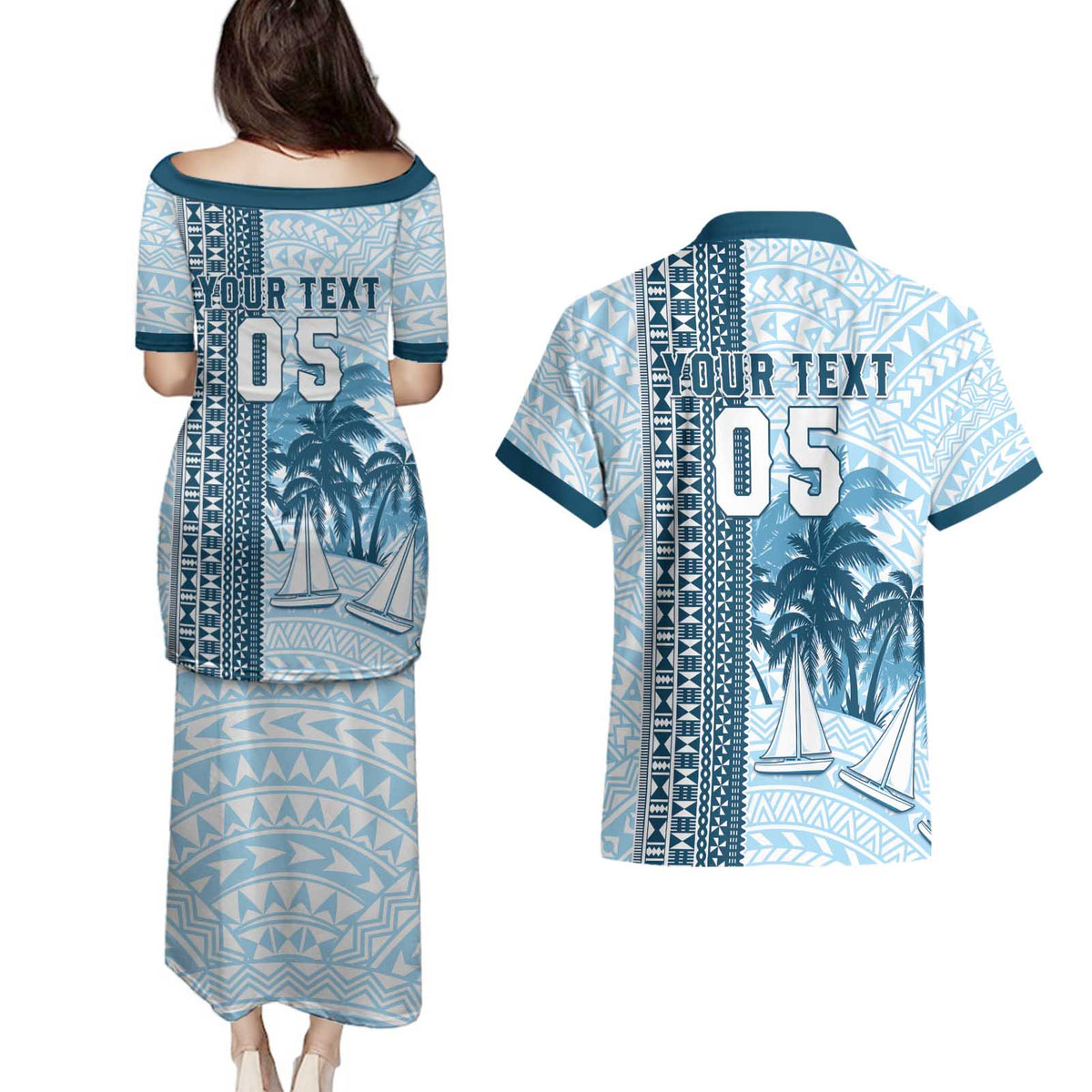 Custom Fiji Regatta Couples Matching Puletasi and Hawaiian Shirt Palm Tree Tapa Pattern - Polynesian Pride