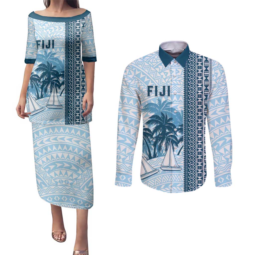 Custom Fiji Regatta Couples Matching Puletasi and Long Sleeve Button Shirt Palm Tree Tapa Pattern LT05 Blue - Polynesian Pride