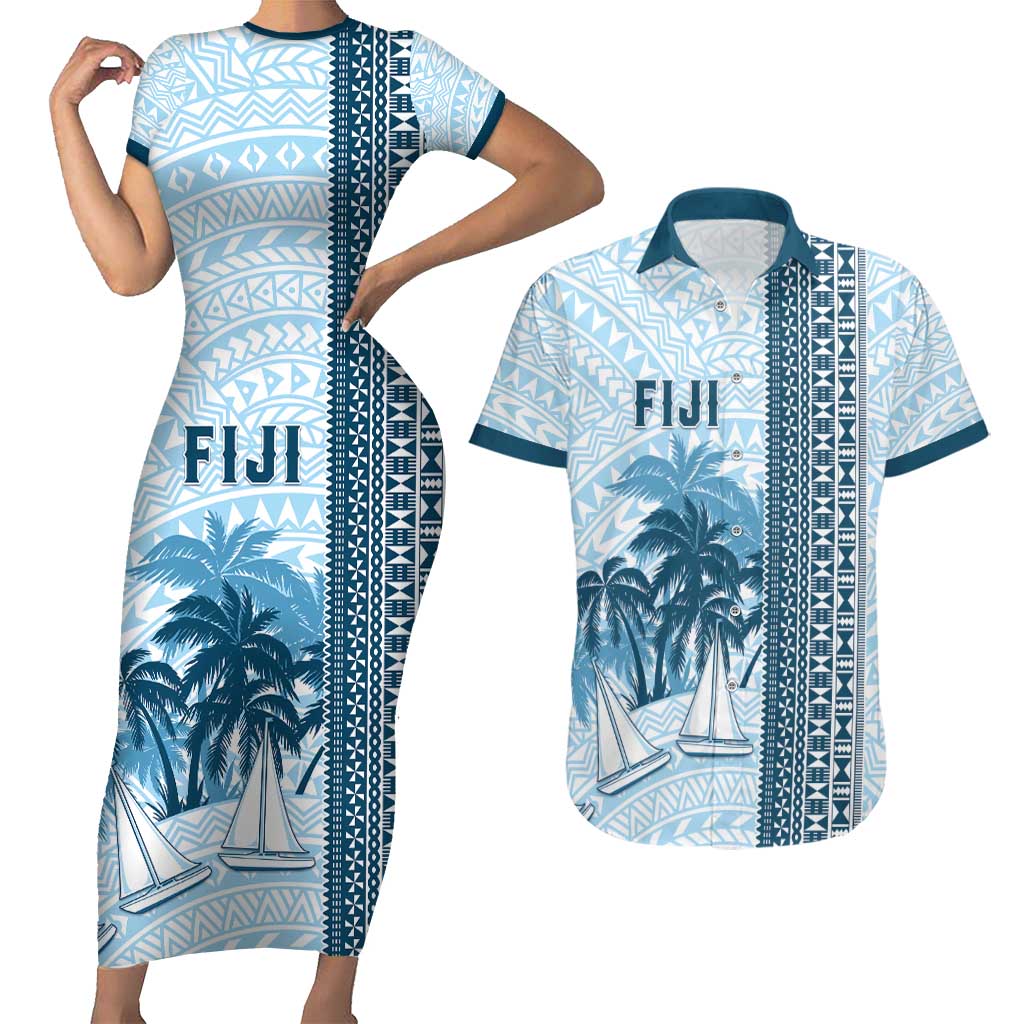 Custom Fiji Regatta Couples Matching Short Sleeve Bodycon Dress and Hawaiian Shirt Palm Tree Tapa Pattern - Polynesian Pride