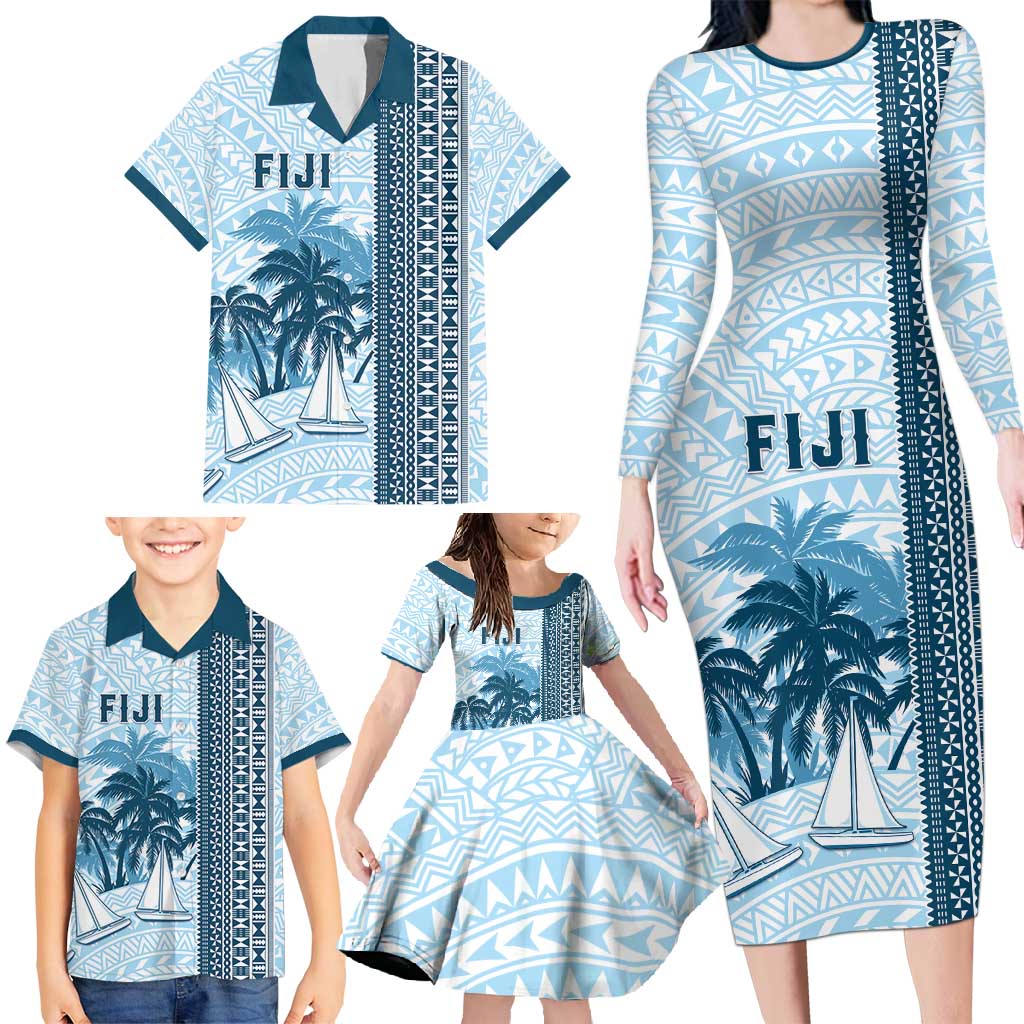 Custom Fiji Regatta Family Matching Long Sleeve Bodycon Dress and Hawaiian Shirt Palm Tree Tapa Pattern - Polynesian Pride