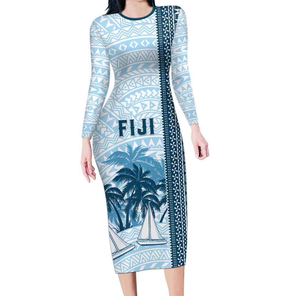 Custom Fiji Regatta Family Matching Long Sleeve Bodycon Dress and Hawaiian Shirt Palm Tree Tapa Pattern - Polynesian Pride