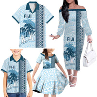 Custom Fiji Regatta Family Matching Off The Shoulder Long Sleeve Dress and Hawaiian Shirt Palm Tree Tapa Pattern - Polynesian Pride