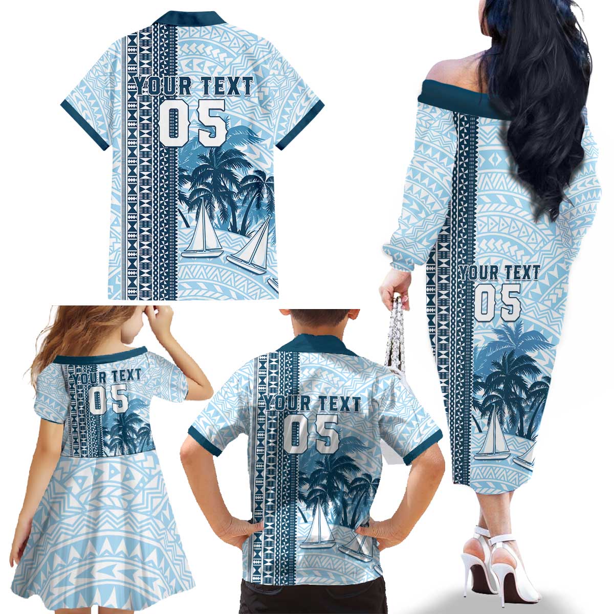 Custom Fiji Regatta Family Matching Off The Shoulder Long Sleeve Dress and Hawaiian Shirt Palm Tree Tapa Pattern - Polynesian Pride