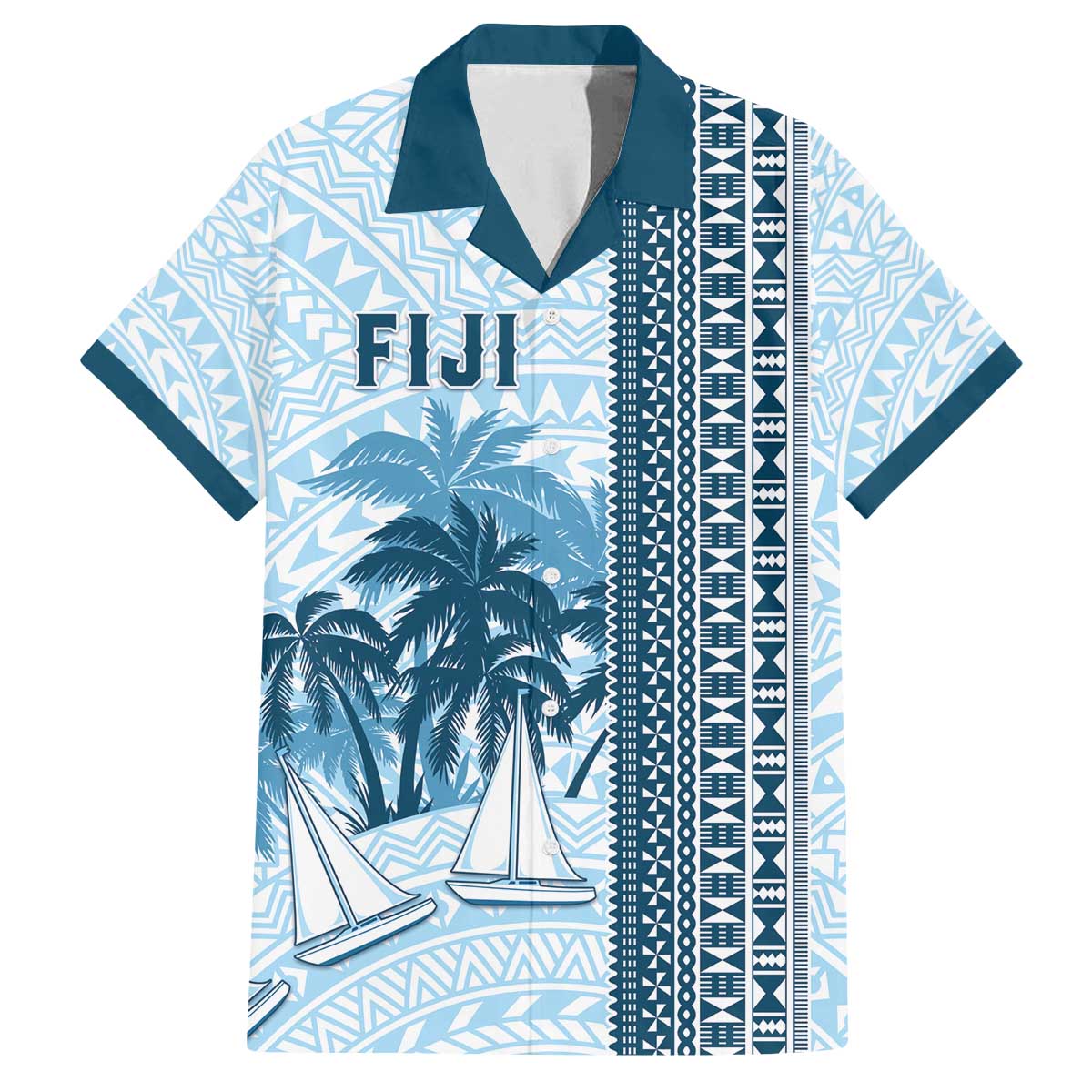 Custom Fiji Regatta Family Matching Off The Shoulder Long Sleeve Dress and Hawaiian Shirt Palm Tree Tapa Pattern - Polynesian Pride