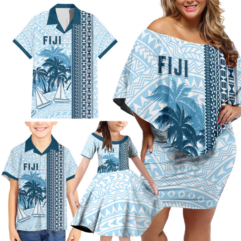 Custom Fiji Regatta Family Matching Off Shoulder Short Dress and Hawaiian Shirt Palm Tree Tapa Pattern - Polynesian Pride
