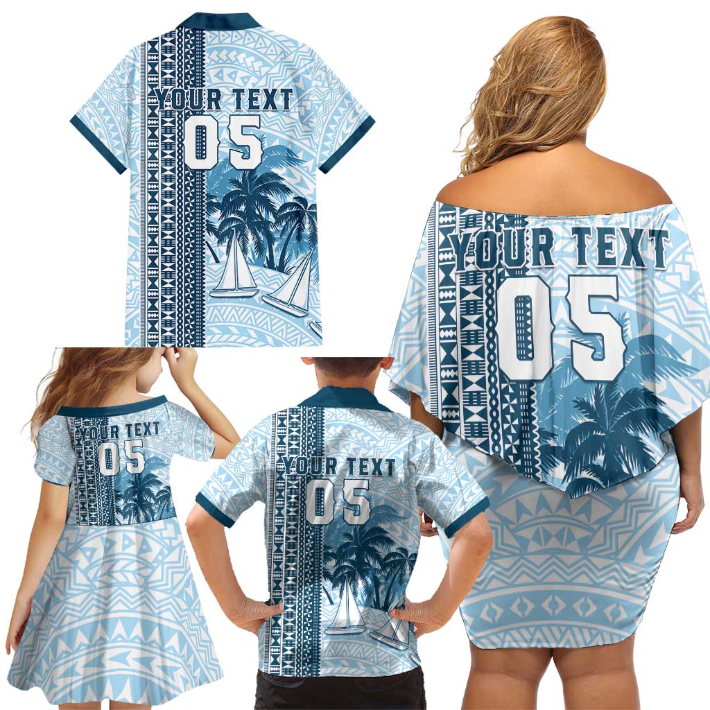 Custom Fiji Regatta Family Matching Off Shoulder Short Dress and Hawaiian Shirt Palm Tree Tapa Pattern - Polynesian Pride