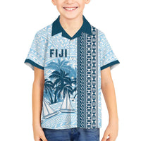 Custom Fiji Regatta Family Matching Off Shoulder Short Dress and Hawaiian Shirt Palm Tree Tapa Pattern - Polynesian Pride