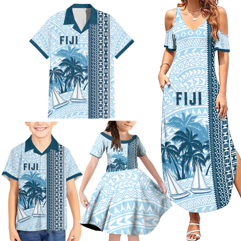 Custom Fiji Regatta Family Matching Summer Maxi Dress and Hawaiian Shirt Palm Tree Tapa Pattern - Polynesian Pride