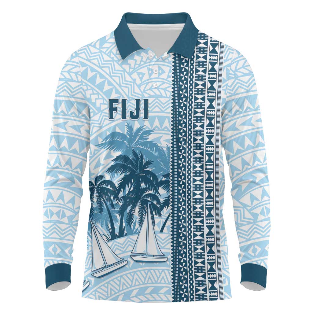 Custom Fiji Regatta Long Sleeve Polo Shirt Palm Tree Tapa Pattern LT05 Blue - Polynesian Pride
