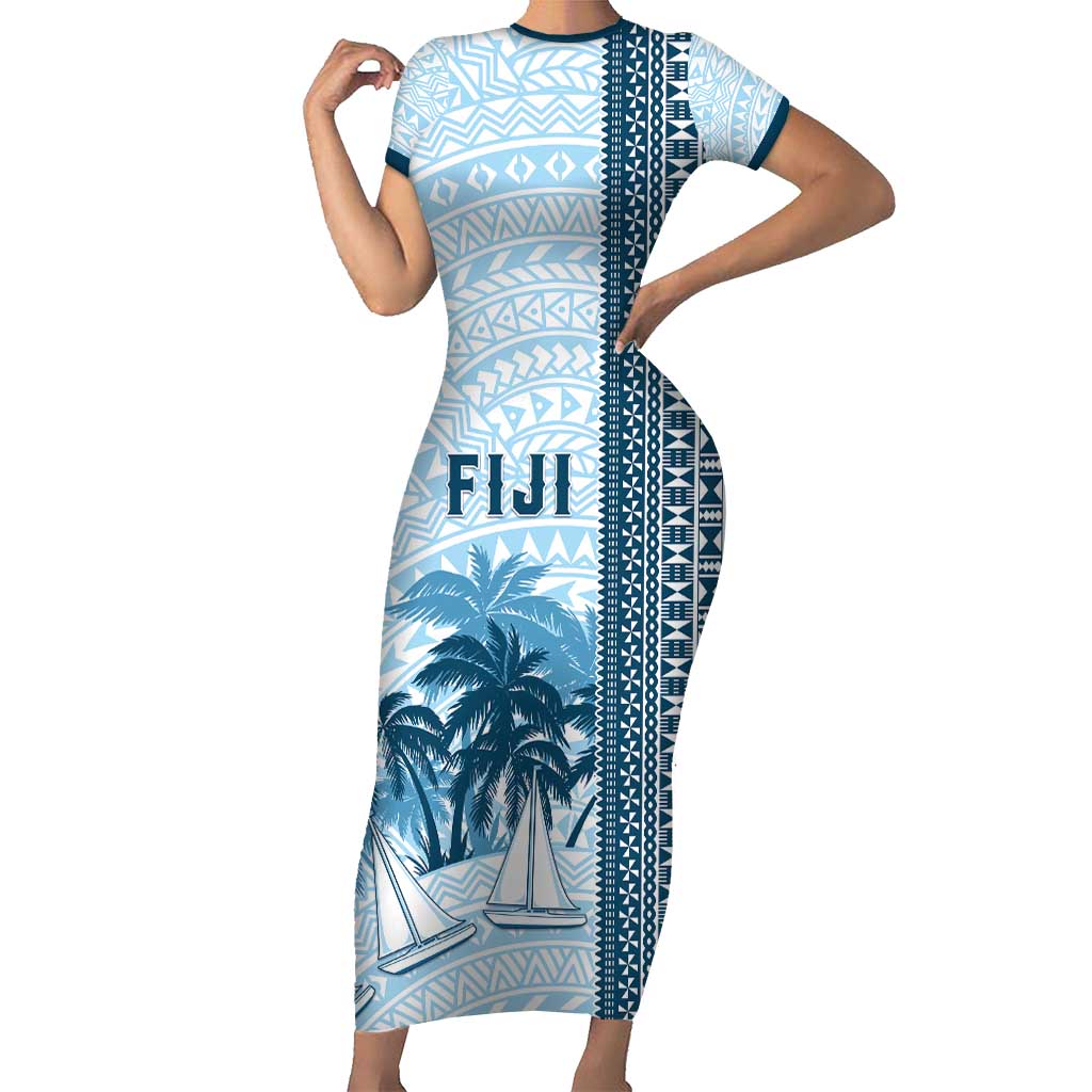 Custom Fiji Regatta Short Sleeve Bodycon Dress Palm Tree Tapa Pattern - Polynesian Pride