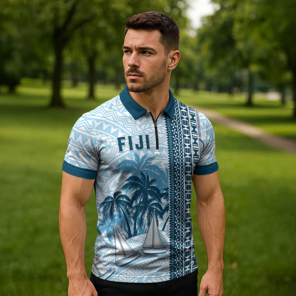 Custom Fiji Regatta Zipper Polo Shirt Palm Tree Tapa Pattern - Polynesian Pride