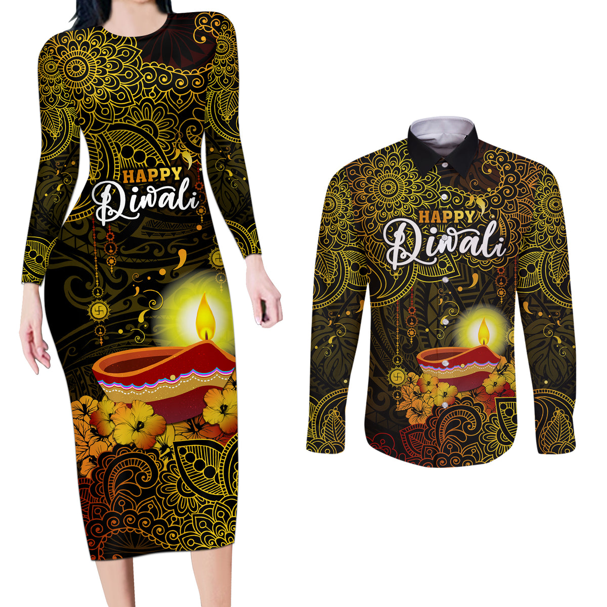 happy-diwali-festival-couples-matching-long-sleeve-bodycon-dress-and-long-sleeve-button-shirts-diya-lamp-hibiscus-polynesian-pattern