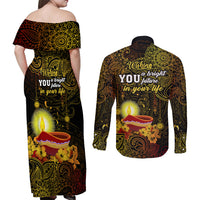 happy-diwali-festival-couples-matching-off-shoulder-maxi-dress-and-long-sleeve-button-shirts-diya-lamp-hibiscus-polynesian-pattern
