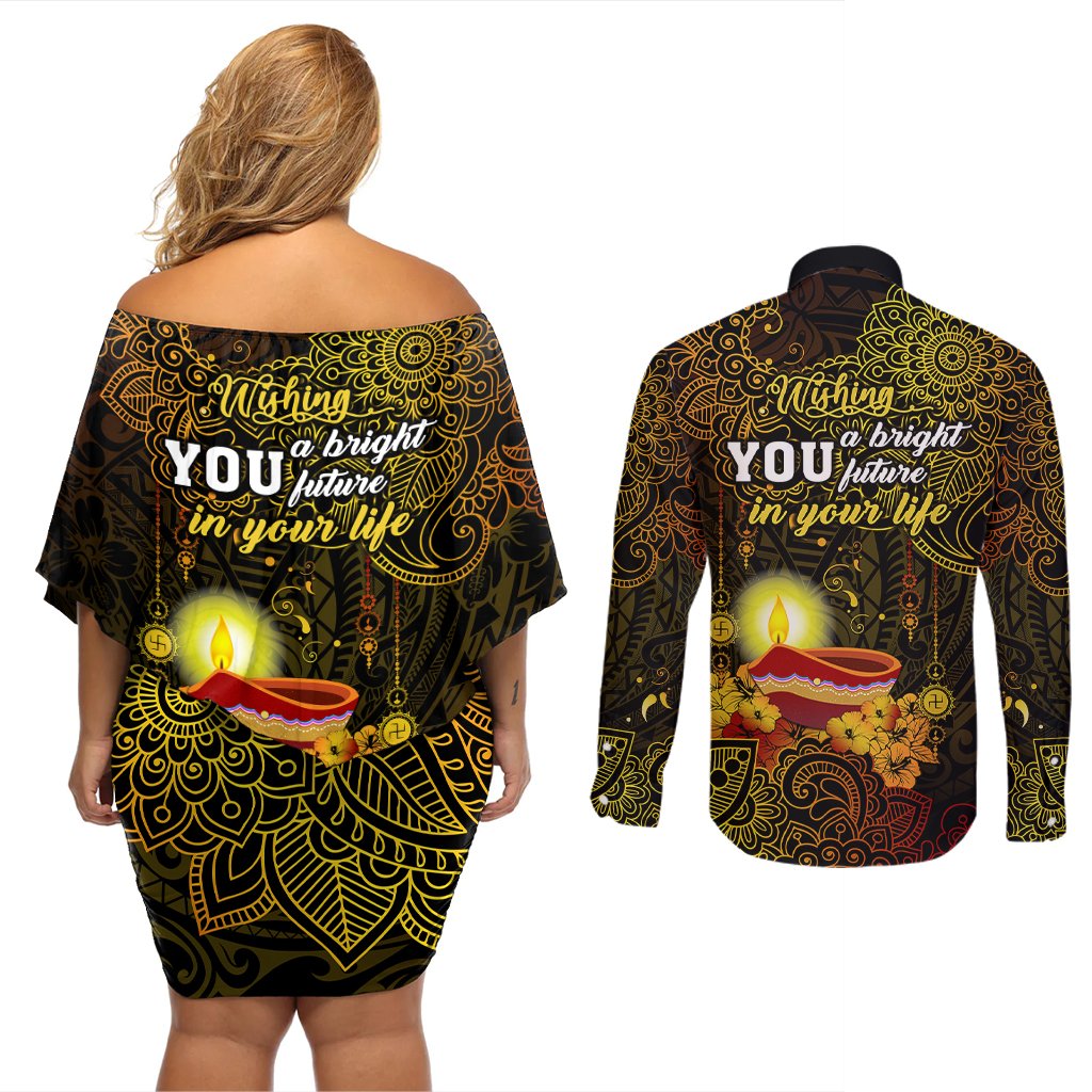 happy-diwali-festival-couples-matching-off-shoulder-short-dress-and-long-sleeve-button-shirts-diya-lamp-hibiscus-polynesian-pattern