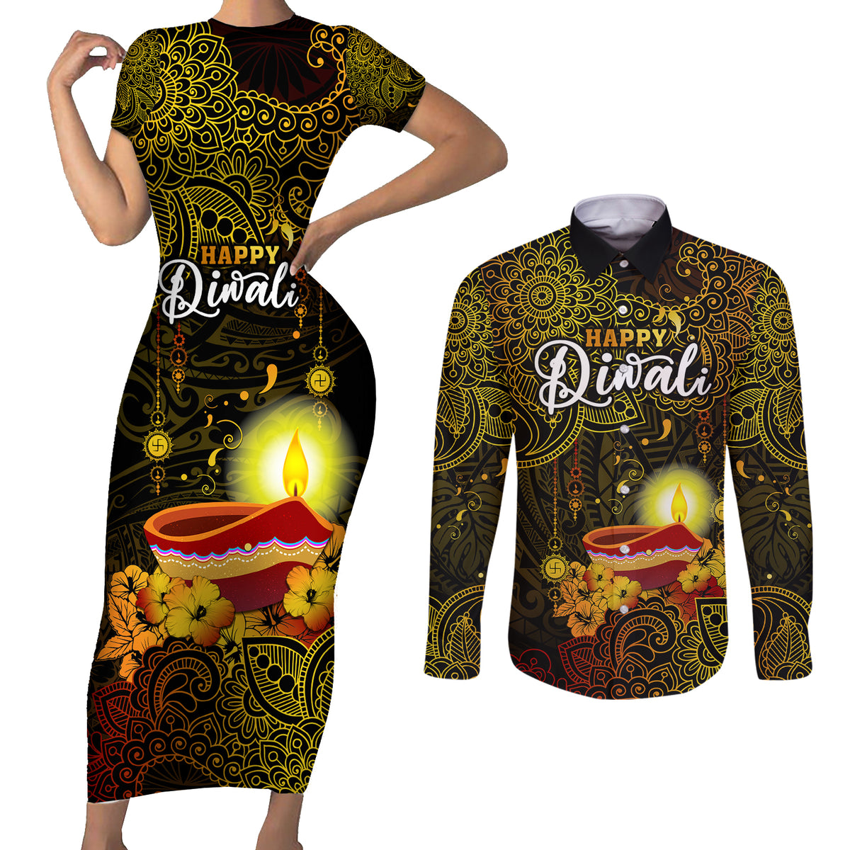 happy-diwali-festival-couples-matching-short-sleeve-bodycon-dress-and-long-sleeve-button-shirts-diya-lamp-hibiscus-polynesian-pattern