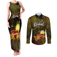 happy-diwali-festival-couples-matching-tank-maxi-dress-and-long-sleeve-button-shirts-diya-lamp-hibiscus-polynesian-pattern