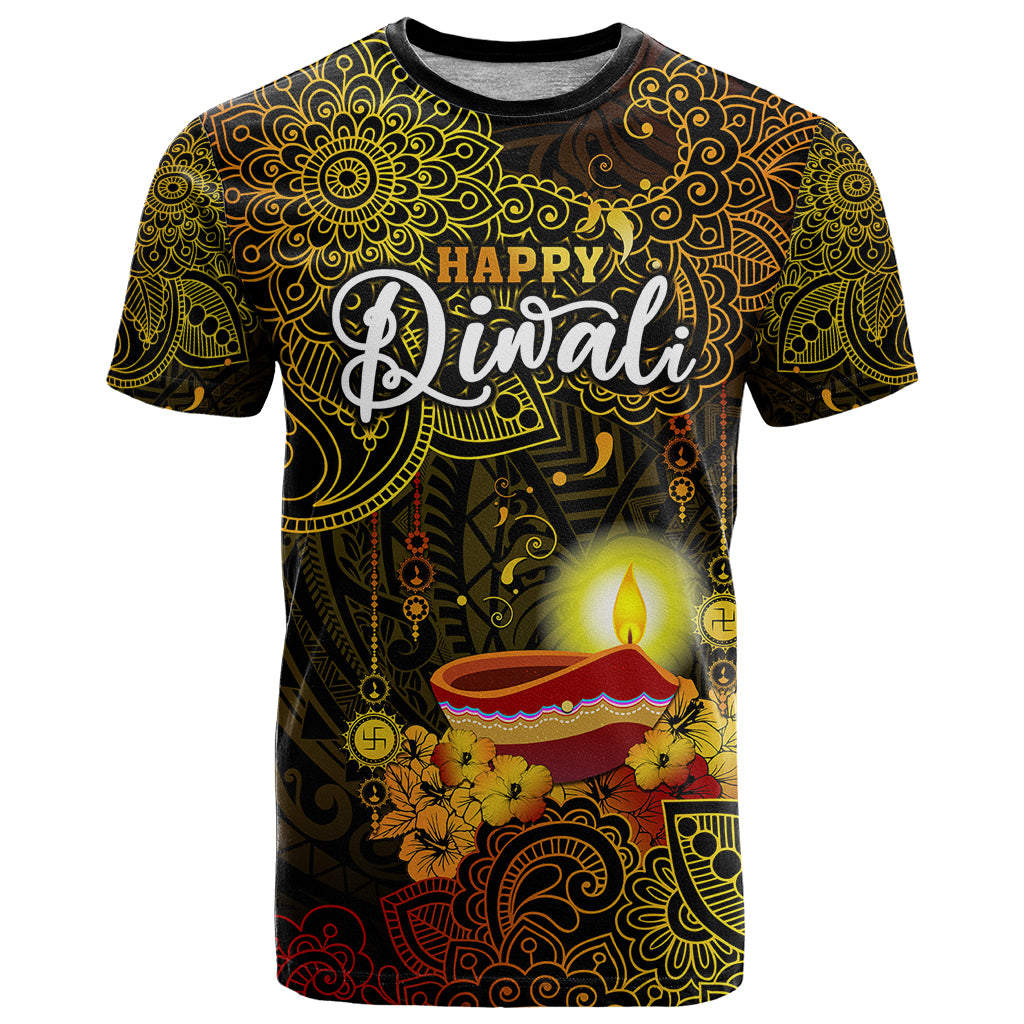 Happy Diwali Festival T Shirt Diya Lamp Hibiscus Polynesian Pattern LT05 Yellow - Polynesian Pride