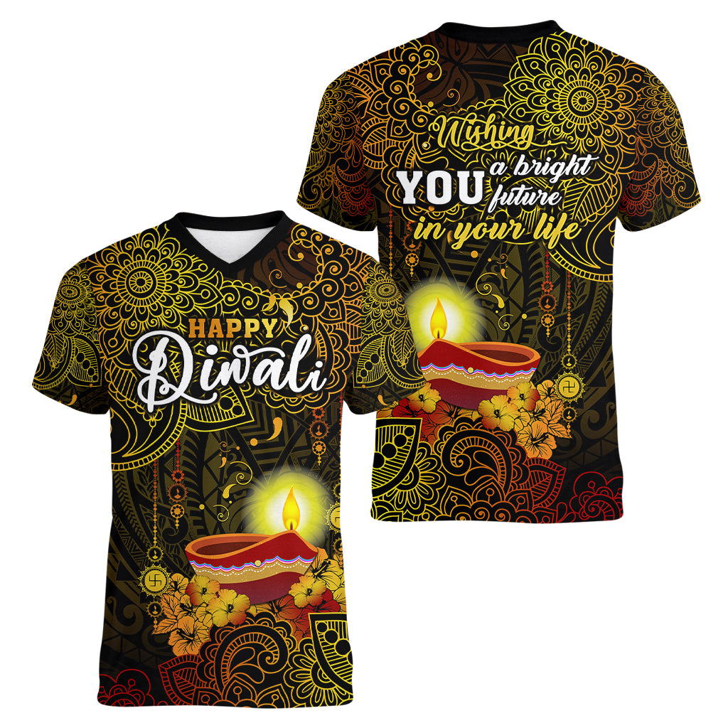 happy-diwali-festival-women-v-neck-t-shirt-diya-lamp-hibiscus-polynesian-pattern