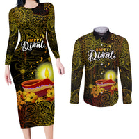 personalized-happy-diwali-festival-couples-matching-long-sleeve-bodycon-dress-and-long-sleeve-button-shirts-diya-lamp-hibiscus-polynesian-pattern