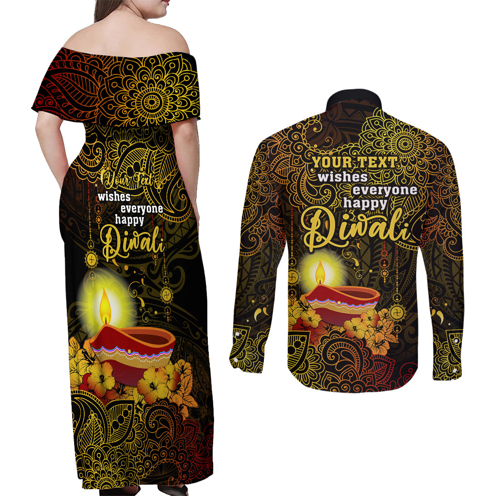personalized-happy-diwali-festival-couples-matching-off-shoulder-maxi-dress-and-long-sleeve-button-shirts-diya-lamp-hibiscus-polynesian-pattern