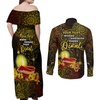 personalized-happy-diwali-festival-couples-matching-off-shoulder-maxi-dress-and-long-sleeve-button-shirts-diya-lamp-hibiscus-polynesian-pattern
