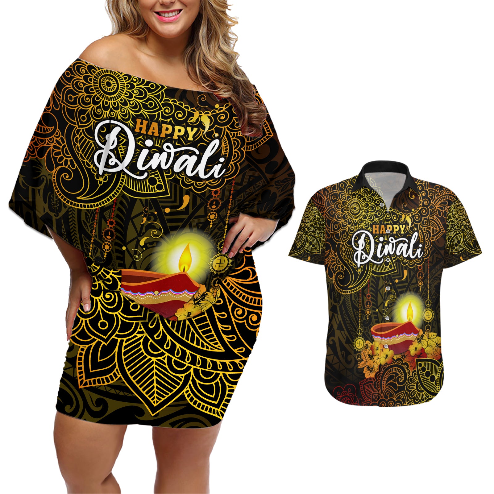 personalized-happy-diwali-festival-couples-matching-off-shoulder-short-dress-and-hawaiian-shirt-diya-lamp-hibiscus-polynesian-pattern
