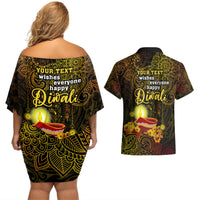 personalized-happy-diwali-festival-couples-matching-off-shoulder-short-dress-and-hawaiian-shirt-diya-lamp-hibiscus-polynesian-pattern