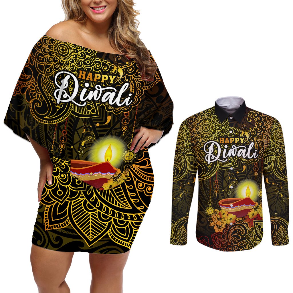 personalized-happy-diwali-festival-couples-matching-off-shoulder-short-dress-and-long-sleeve-button-shirts-diya-lamp-hibiscus-polynesian-pattern