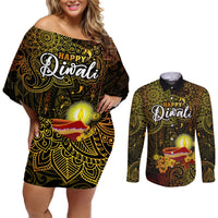 personalized-happy-diwali-festival-couples-matching-off-shoulder-short-dress-and-long-sleeve-button-shirts-diya-lamp-hibiscus-polynesian-pattern
