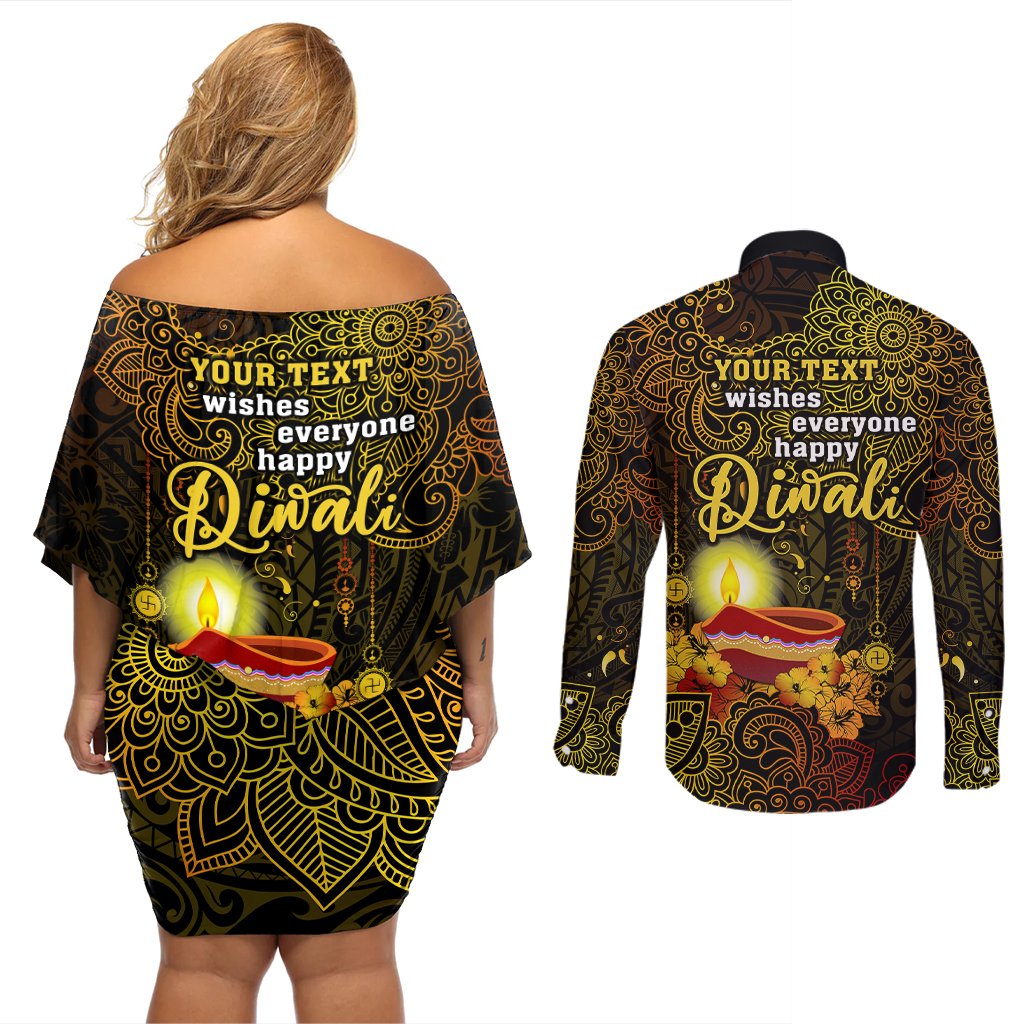 personalized-happy-diwali-festival-couples-matching-off-shoulder-short-dress-and-long-sleeve-button-shirts-diya-lamp-hibiscus-polynesian-pattern