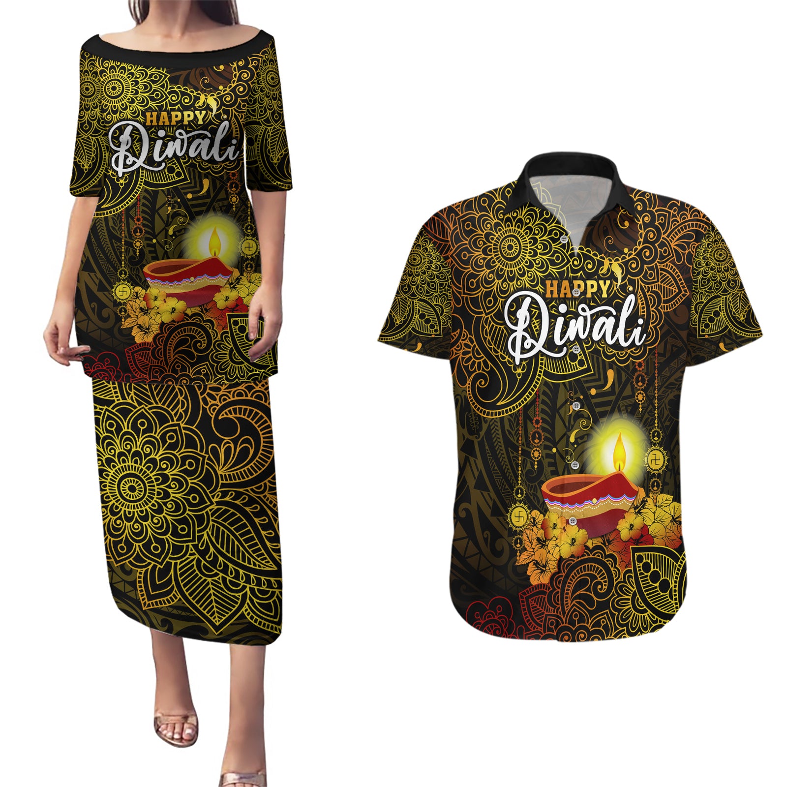 personalized-happy-diwali-festival-couples-matching-puletasi-dress-and-hawaiian-shirt-diya-lamp-hibiscus-polynesian-pattern