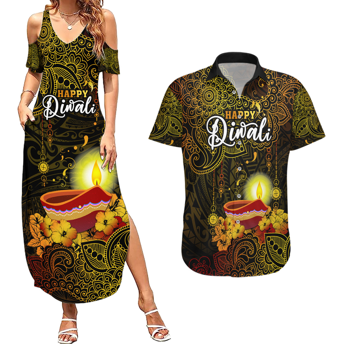 personalized-happy-diwali-festival-couples-matching-summer-maxi-dress-and-hawaiian-shirt-diya-lamp-hibiscus-polynesian-pattern