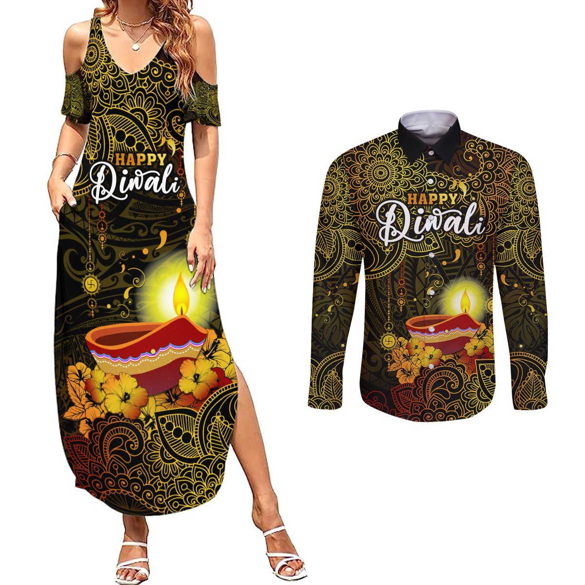 Personalized Happy Diwali Festival Couples Matching Summer Maxi Dress and Long Sleeve Button Shirts Diya Lamp Hibiscus Polynesian Pattern LT05 Yellow - Polynesian Pride