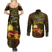 Personalized Happy Diwali Festival Couples Matching Summer Maxi Dress and Long Sleeve Button Shirts Diya Lamp Hibiscus Polynesian Pattern LT05 - Polynesian Pride