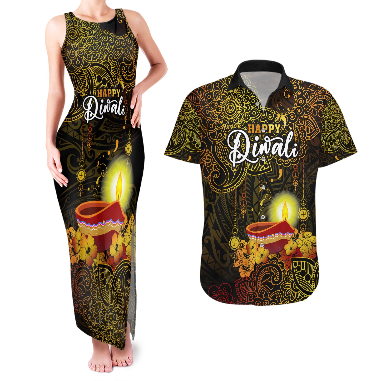 personalized-happy-diwali-festival-couples-matching-tank-maxi-dress-and-hawaiian-shirt-diya-lamp-hibiscus-polynesian-pattern