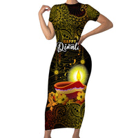Personalized Happy Diwali Festival Family Matching Short Sleeve Bodycon Dress and Hawaiian Shirt Diya Lamp Hibiscus Polynesian Pattern LT05 Mom's Dress Yellow - Polynesian Pride