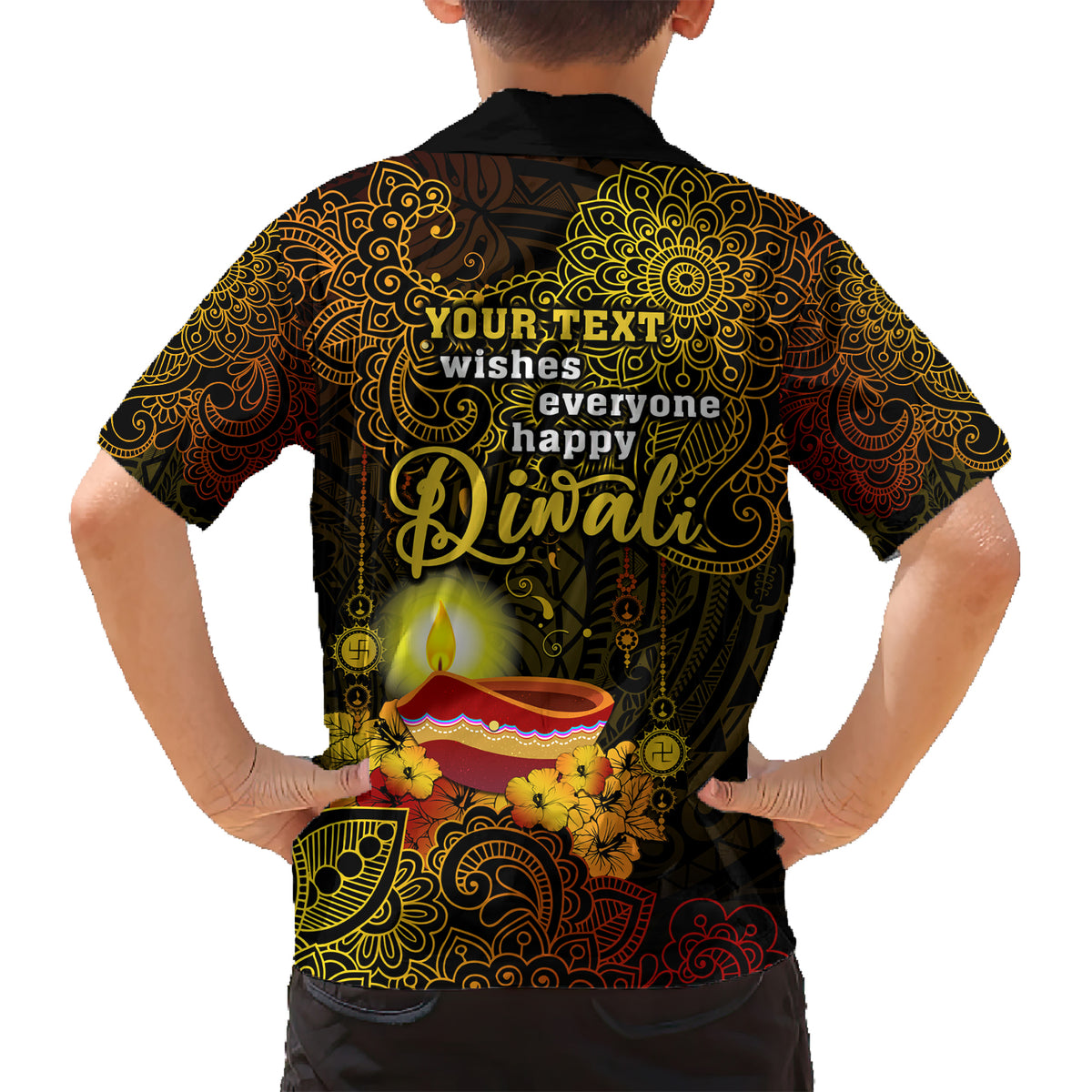 personalized-happy-diwali-festival-kid-hawaiian-shirt-diya-lamp-hibiscus-polynesian-pattern