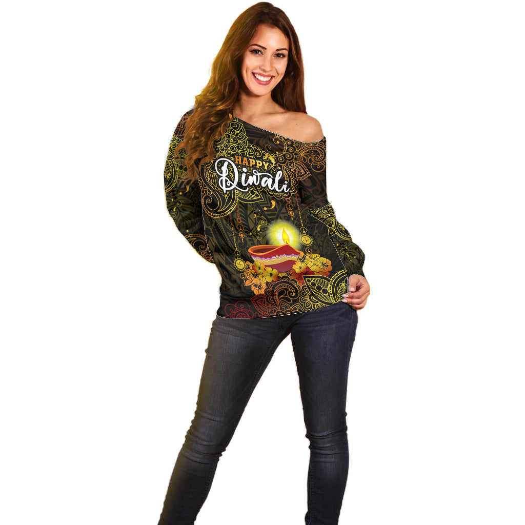 personalized-happy-diwali-festival-off-shoulder-sweater-diya-lamp-hibiscus-polynesian-pattern