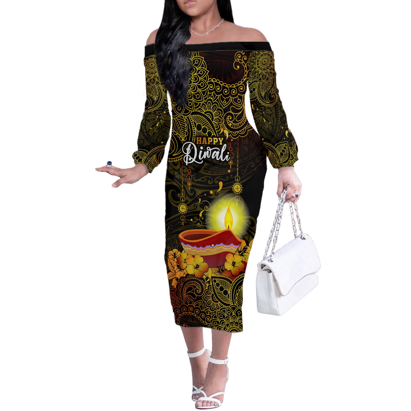 personalized-happy-diwali-festival-off-the-shoulder-long-sleeve-dress-diya-lamp-hibiscus-polynesian-pattern