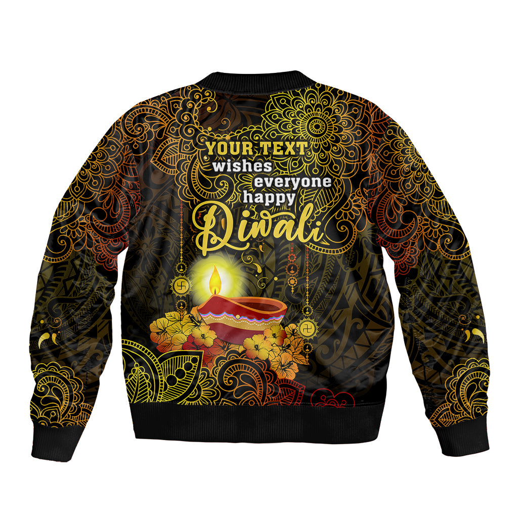 personalized-happy-diwali-festival-sleeve-zip-bomber-jacket-diya-lamp-hibiscus-polynesian-pattern